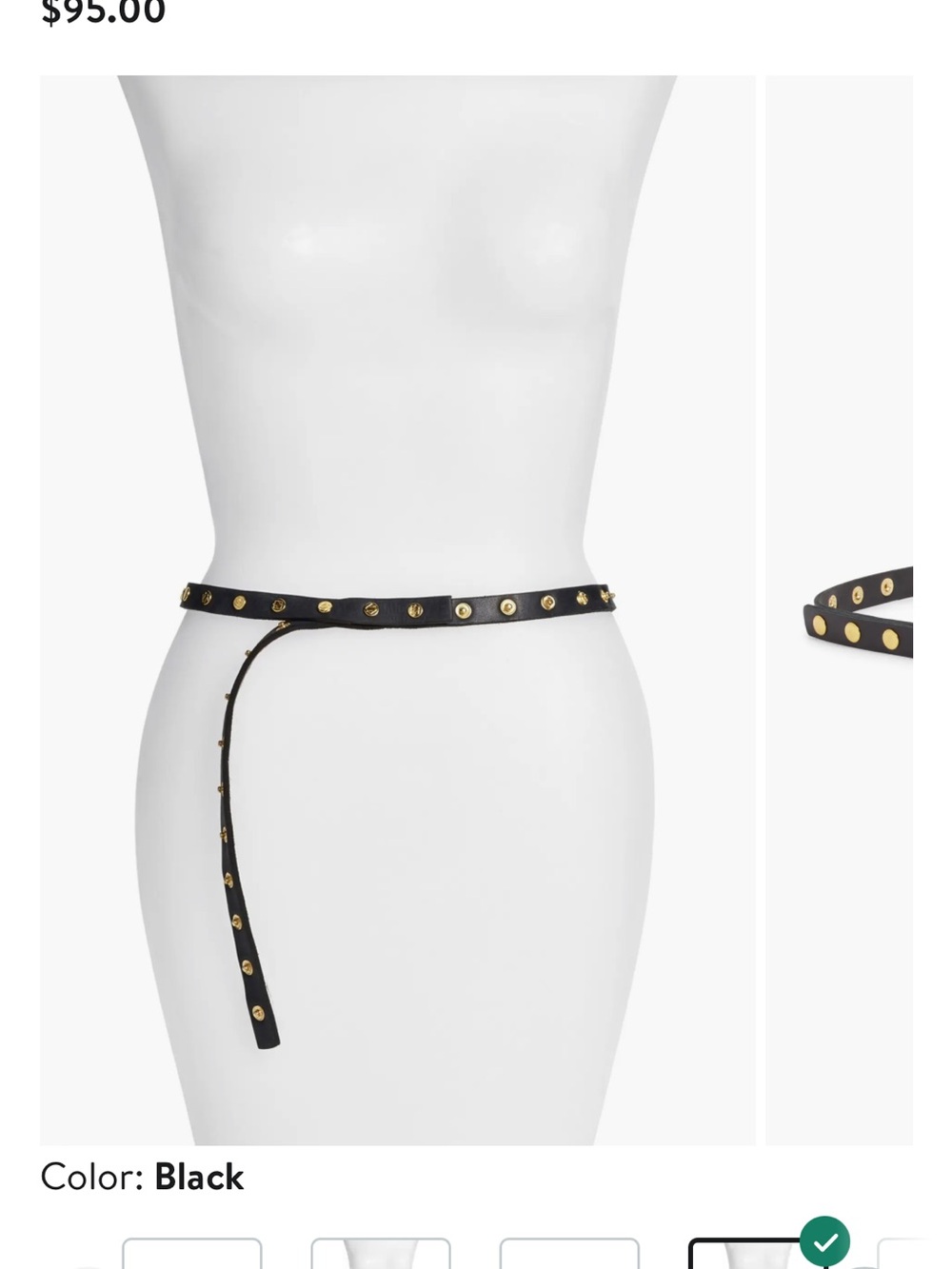 Black Studded Slim Waist Belt with Gold-Tone Accents